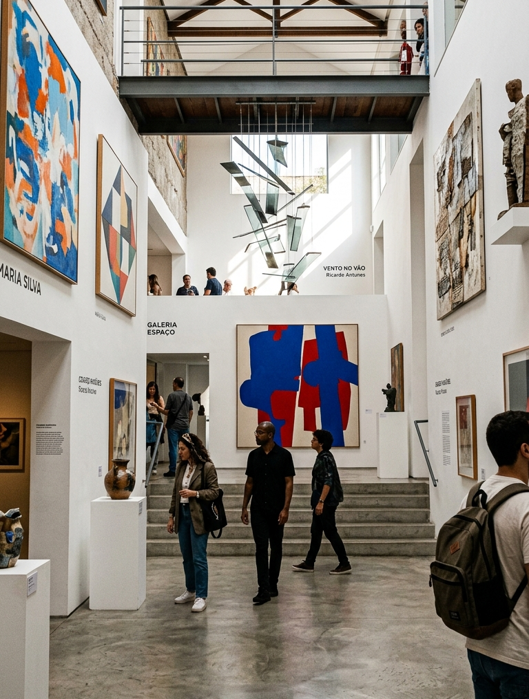 Espaço expositivo com obras em ambiente contemporâneo