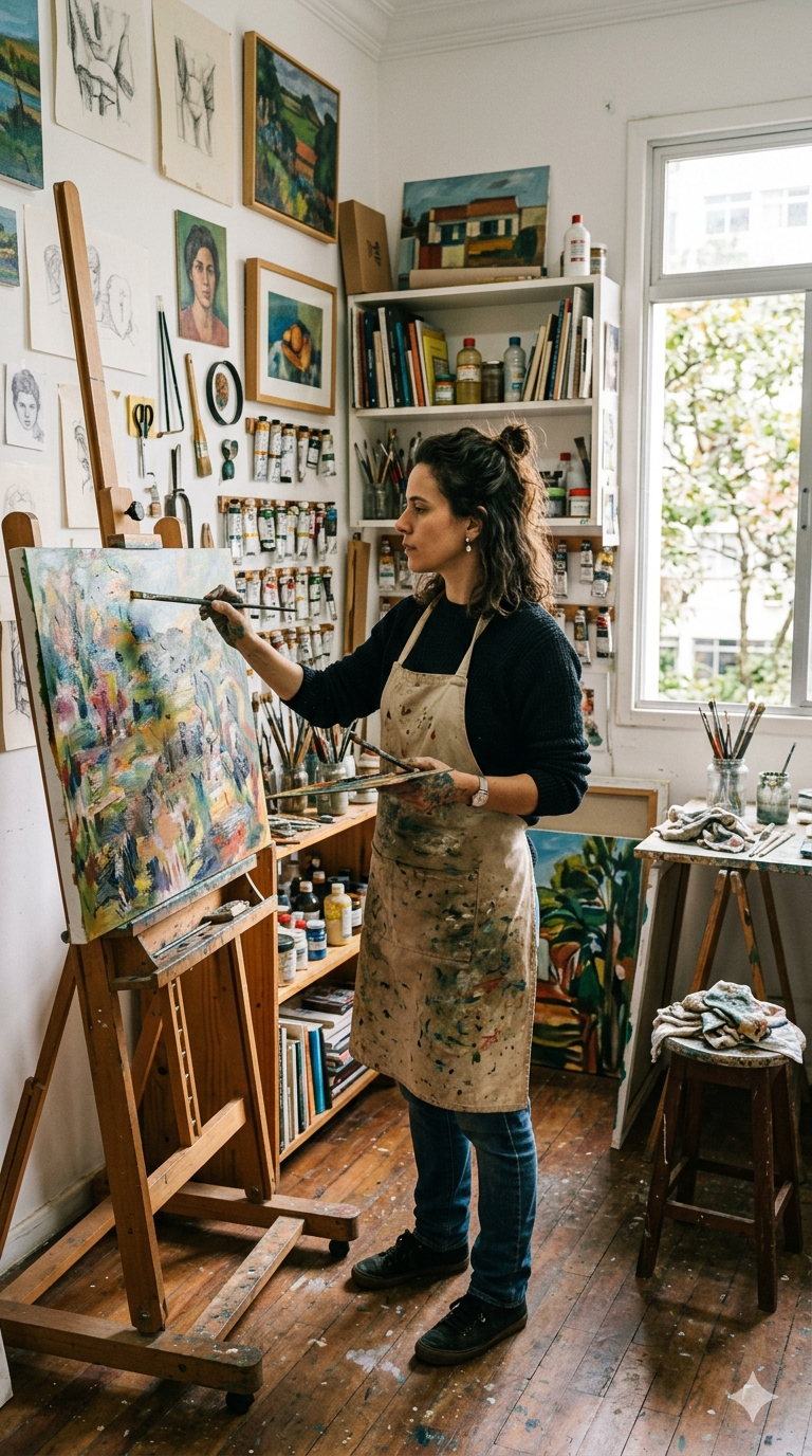Artista visual em espaço de trabalho com obras e materiais